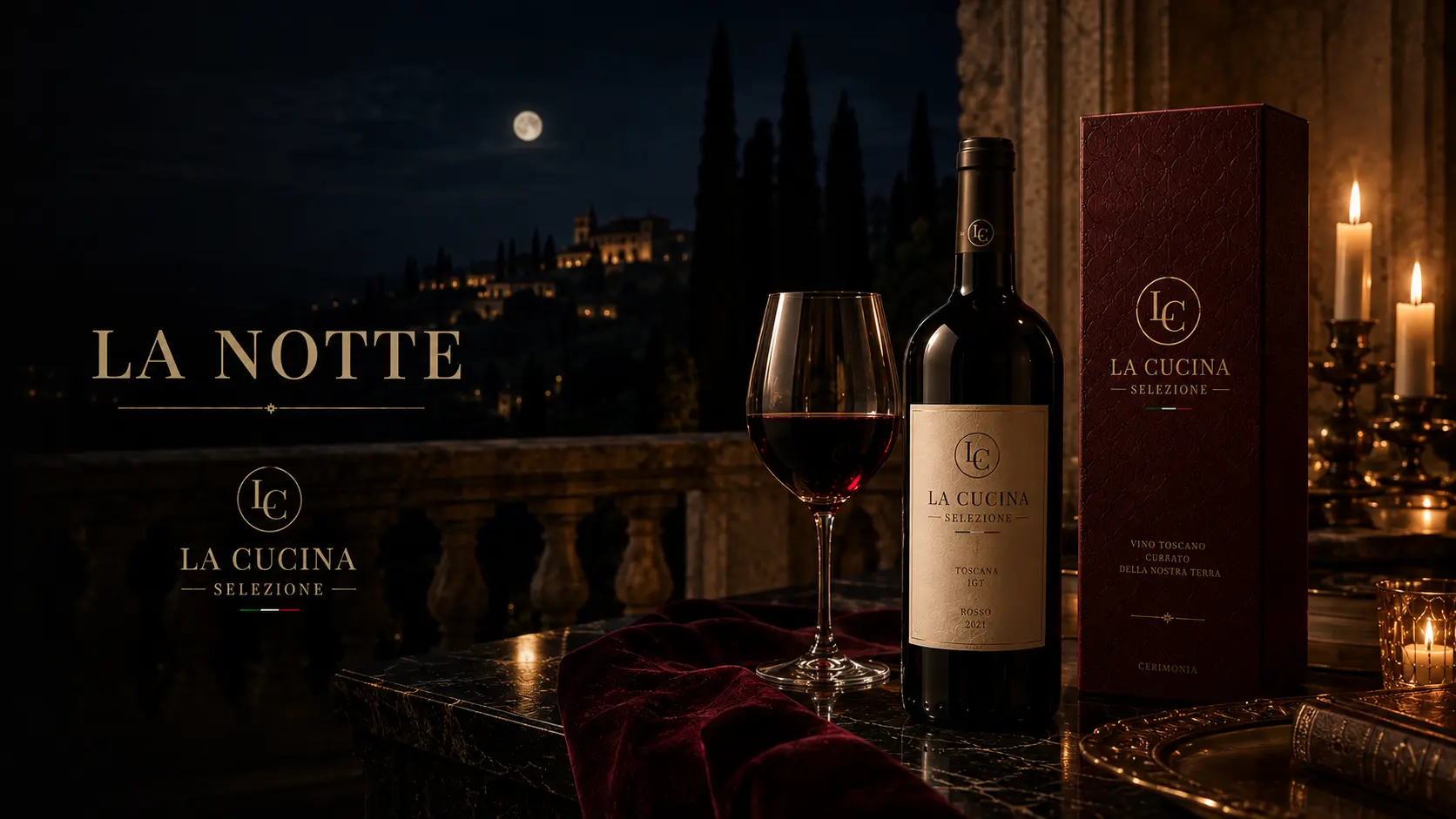 Key visual do vino Toscana IGT em terraço sob lua cheia
