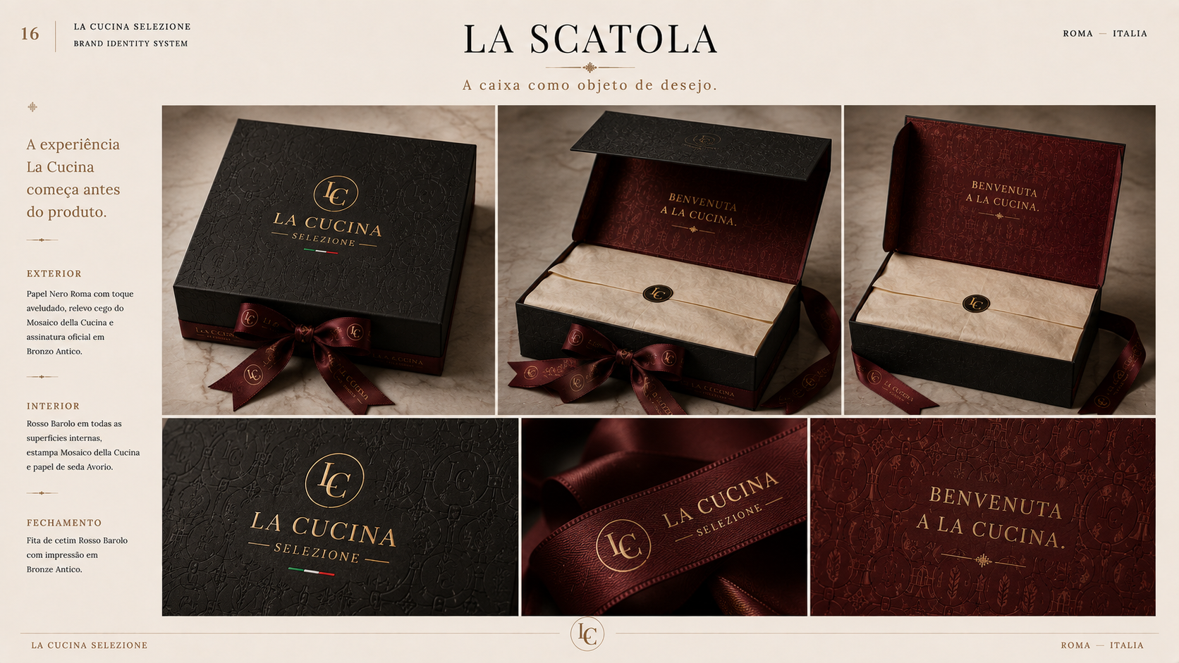 Caixa de presente La Cucina Selezione em Nero Roma com interior Rosso Barolo, fita e selo LC