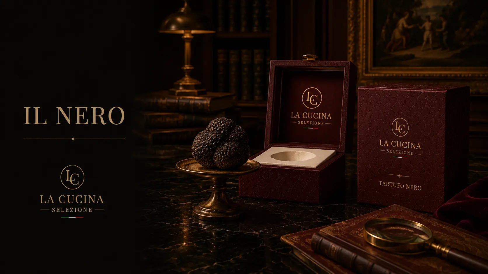 Key visual do tartufo nero em estojo Rosso Barolo na biblioteca