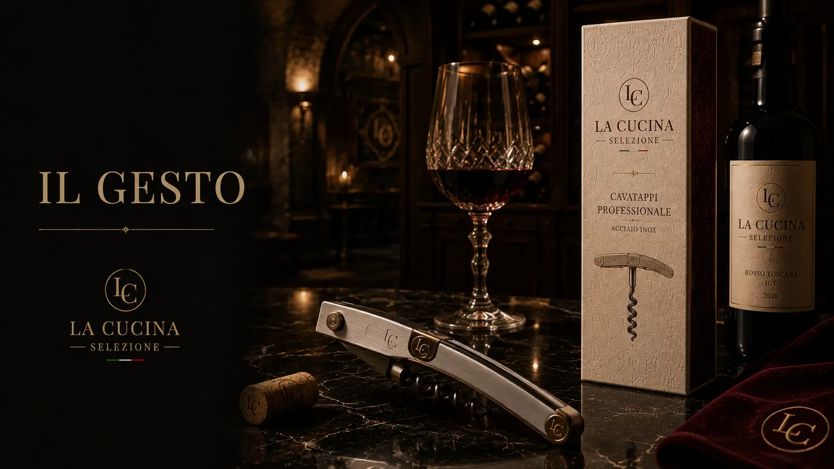 Key visual do cavatappi profissional com taça de vinho na adega