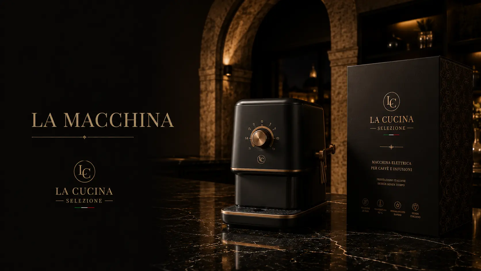 Key visual da macchina elettrica per caffè em mármore escuro