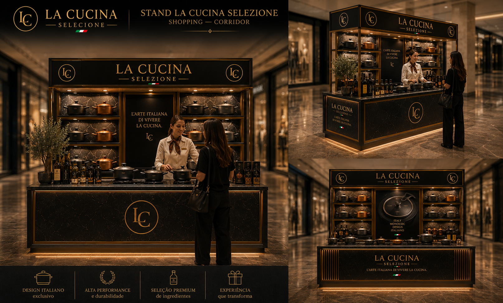 Stand La Cucina Selezione em shopping corridor com atendimento premium e produtos expostos