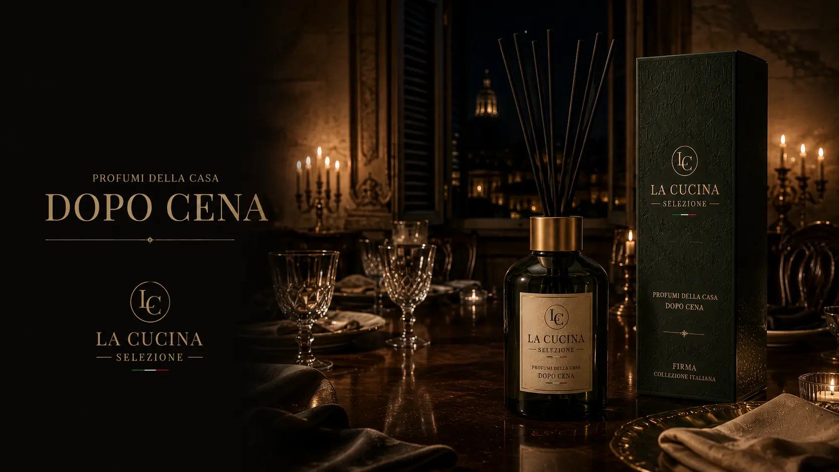 Key visual do difusor Profumi della Casa em mesa posta à noite