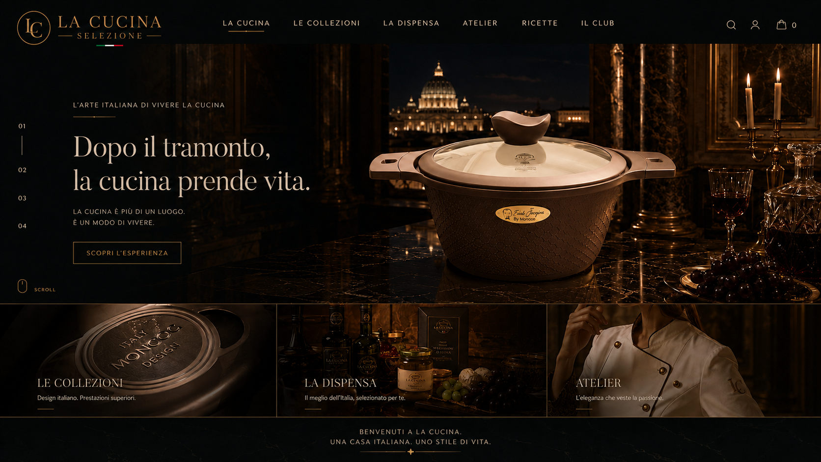 Homepage digital La Cucina Selezione com hero de panela em palazzo romano à noite e navegação superior