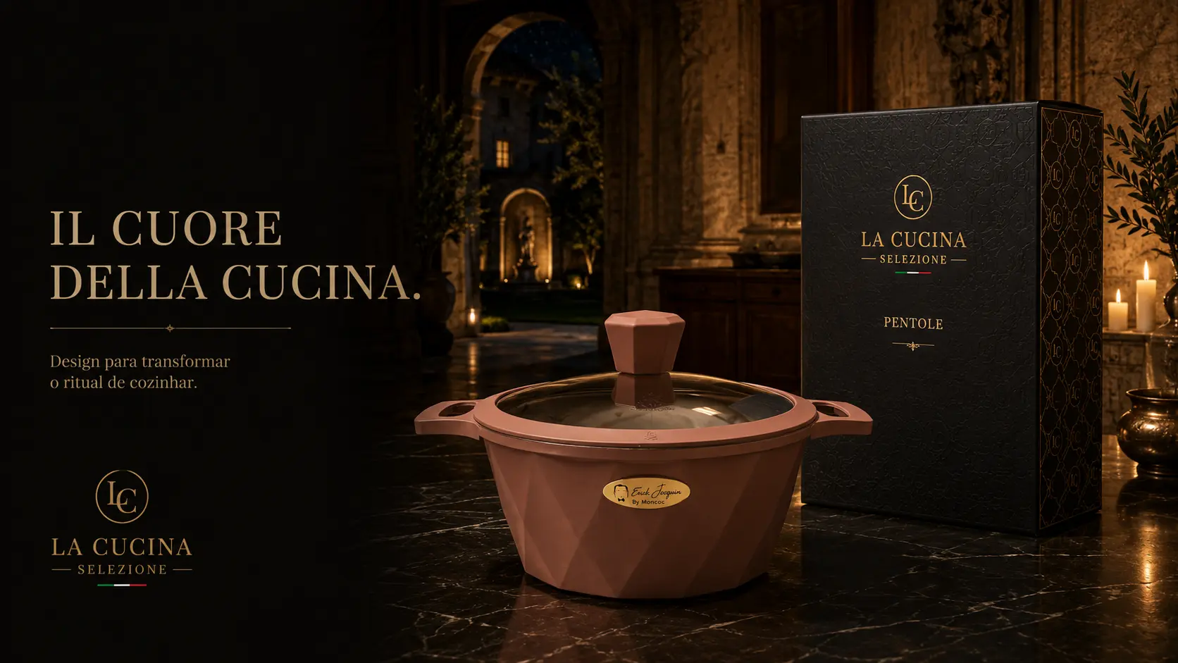Key visual de campanha com panela e cofanetto em palazzo romano à noite