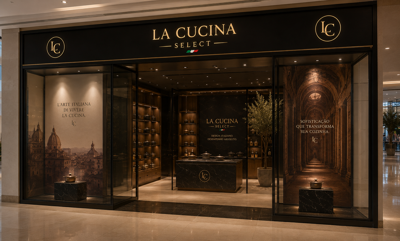 Fachada da boutique La Cucina Select, vitrines em nero e luz âmbar