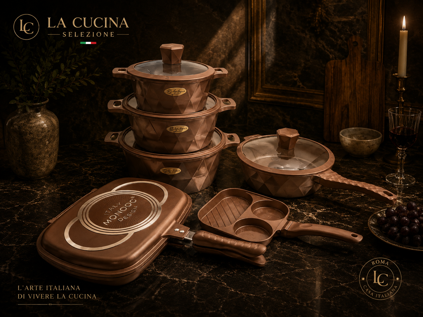 Batteria MONCOC Ferrara em bronze sobre mármore negro