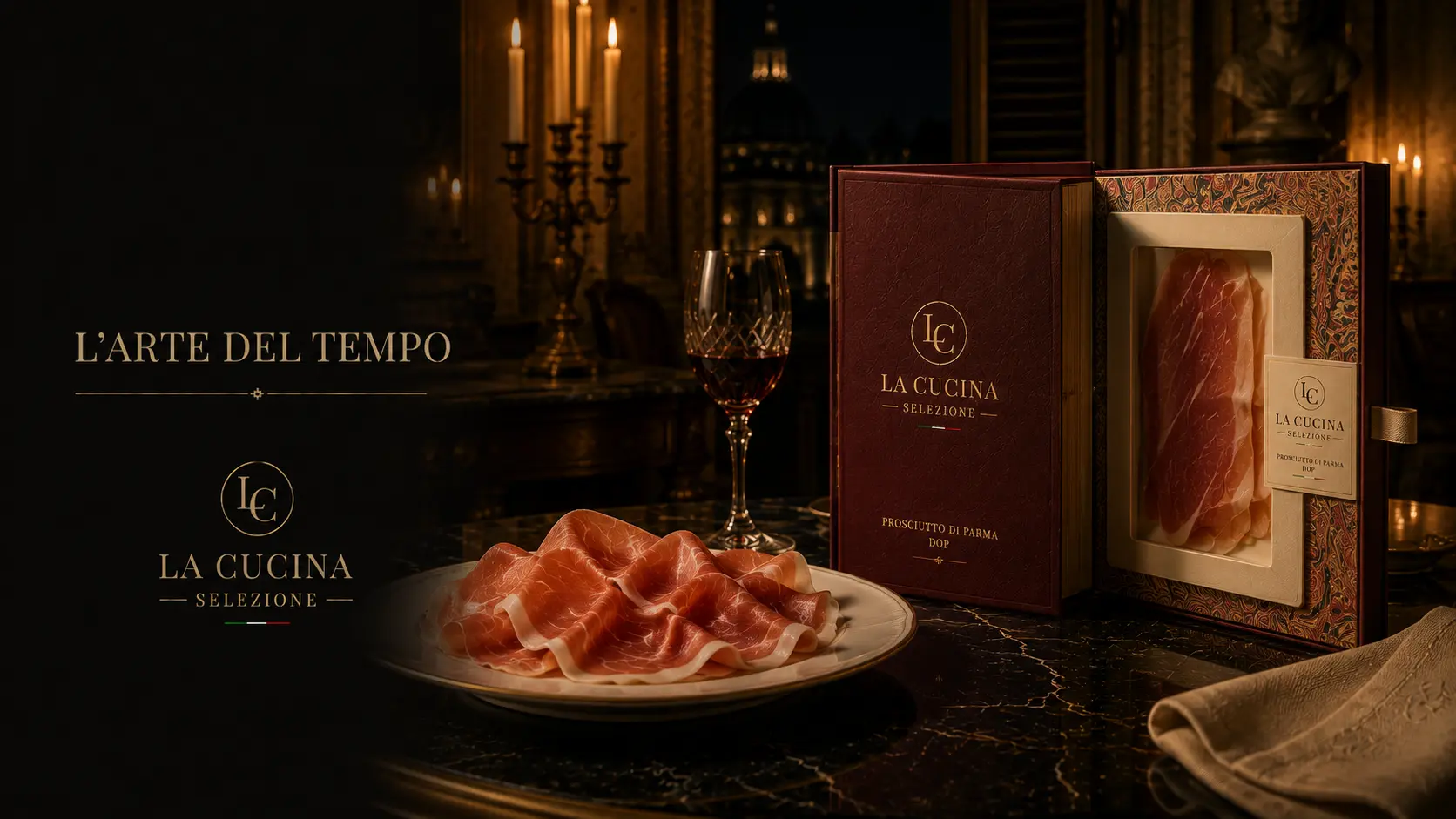 Key visual do prosciutto di Parma DOP em estojo livro