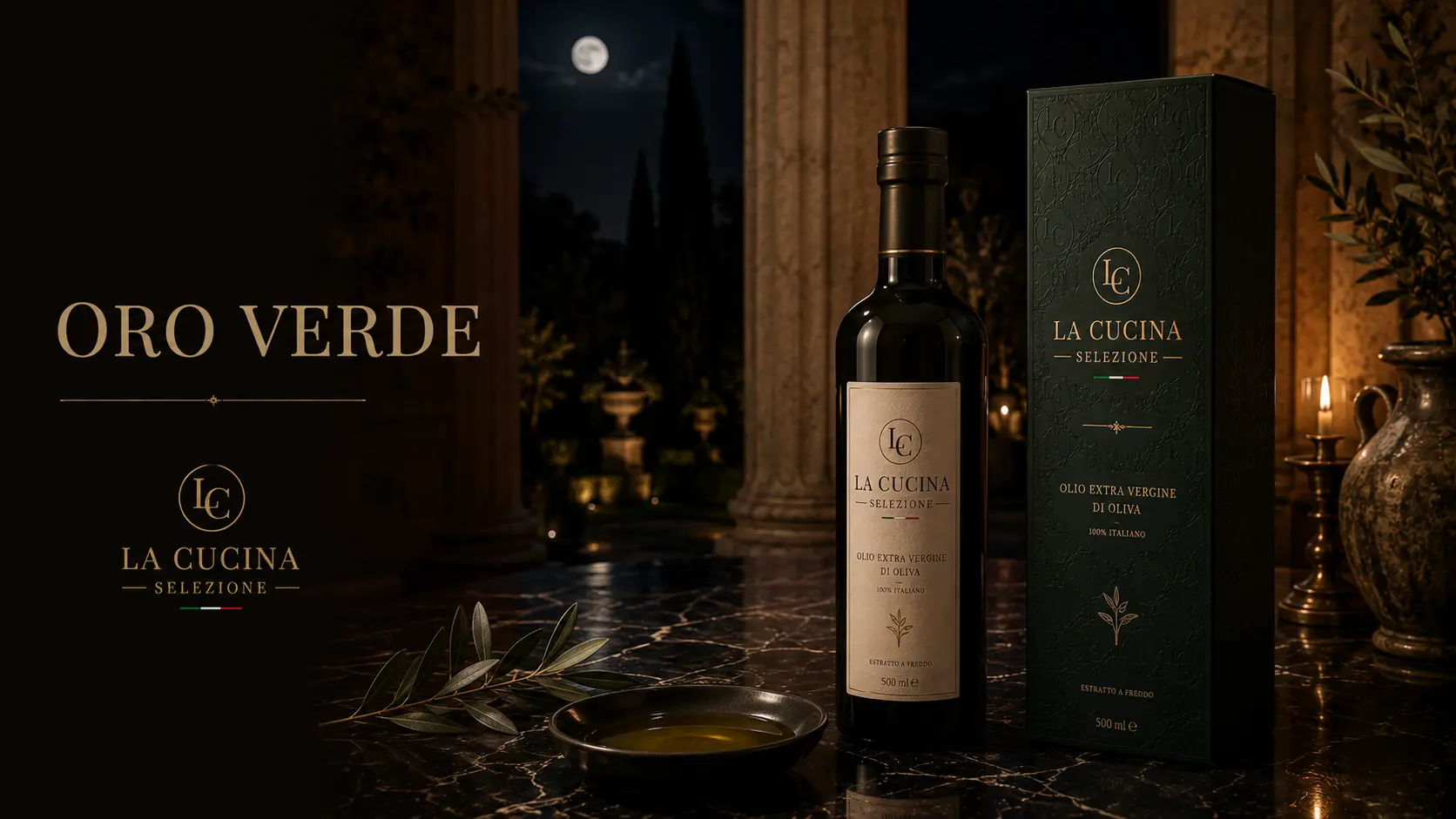 Key visual do olio extra vergine com estojo verde e ramo de oliveira